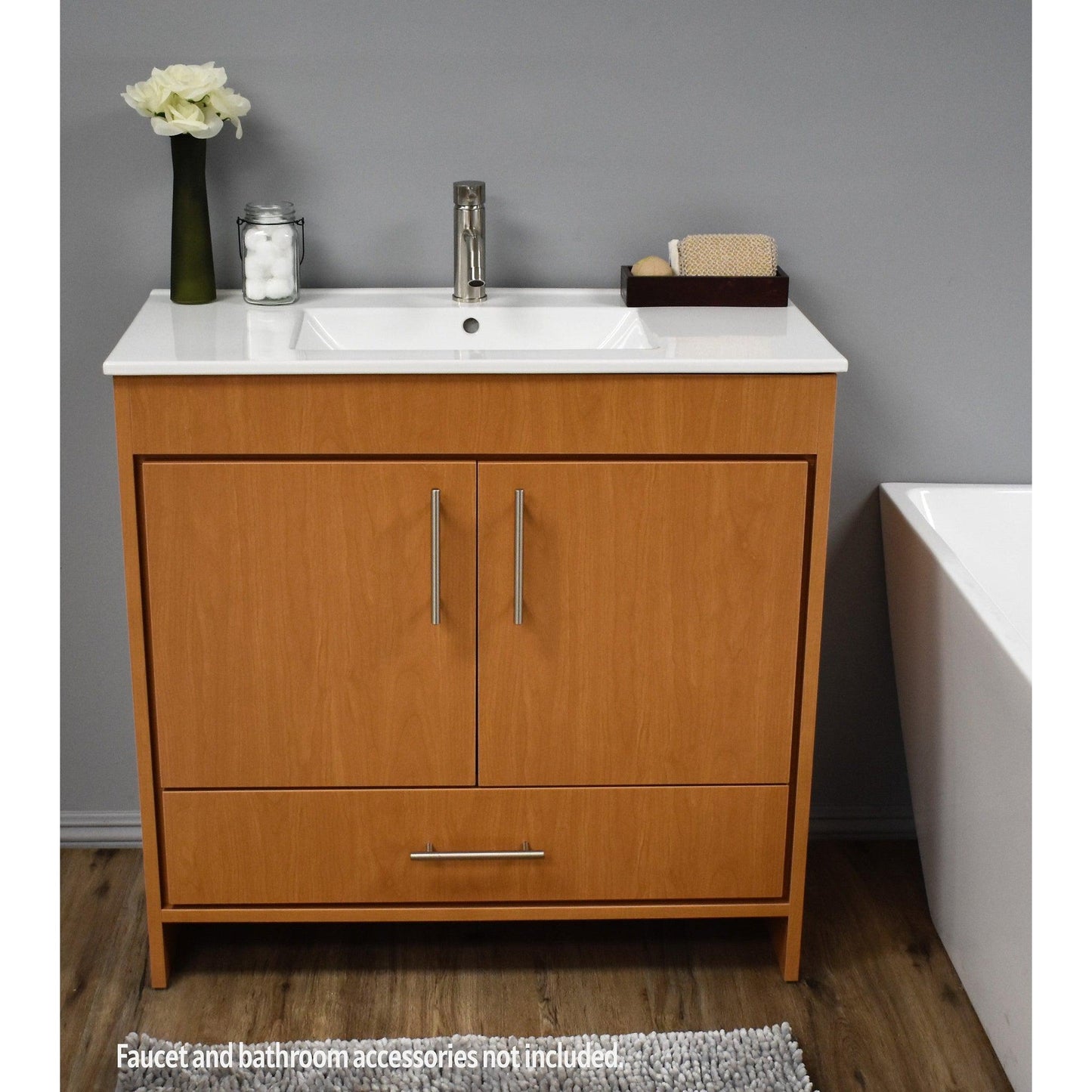Volpa USA Pacific 36" Honey Maple Freestanding Modern Bathroom Vanity With Integrated Ceramic Top and Brushed Nickel Round Handles