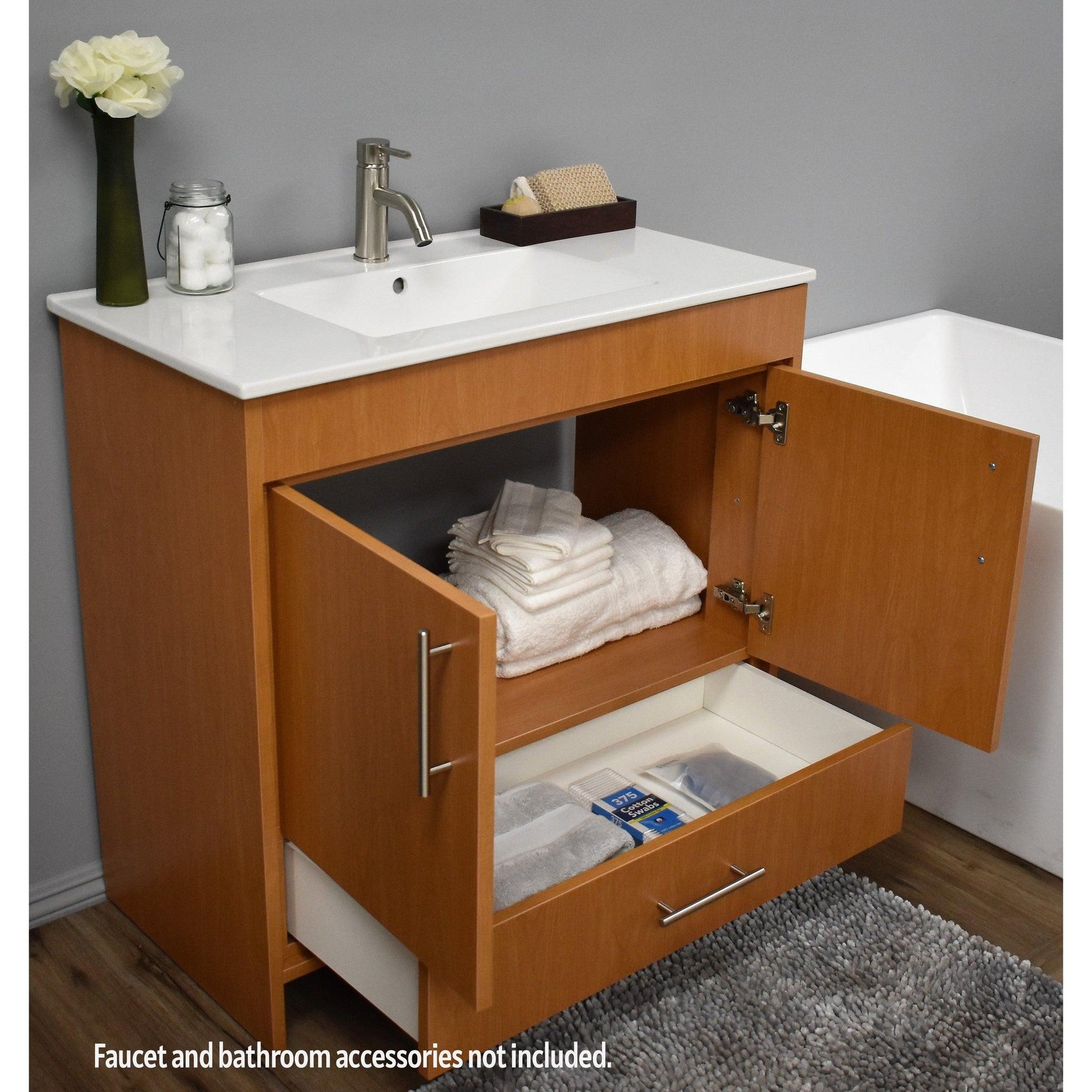 Volpa USA Pacific 36" Honey Maple Freestanding Modern Bathroom Vanity With Integrated Ceramic Top and Brushed Nickel Round Handles