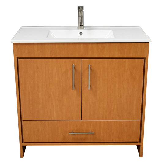 Volpa USA Pacific 36" Honey Maple Freestanding Modern Bathroom Vanity With Integrated Ceramic Top and Brushed Nickel Round Handles