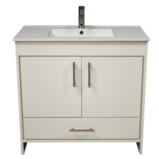 Volpa USA Pacific 36" Soft White Freestanding Modern Bathroom Vanity With Integrated Ceramic Top and Brushed Nickel Round Handles
