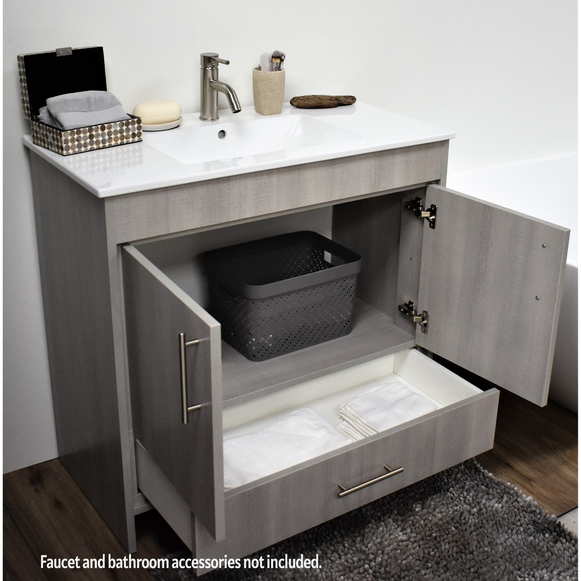 Volpa USA Pacific 36" Weathered Gray Freestanding Modern Bathroom Vanity With Integrated Ceramic Top and Brushed Nickel Round Handles