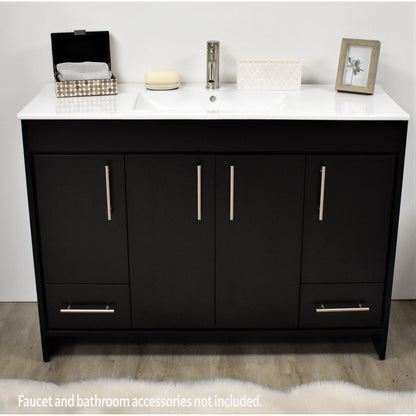 Volpa USA Pacific 48" Black Freestanding Modern Bathroom Vanity With Integrated Ceramic Top and Brushed Nickel Round Handles