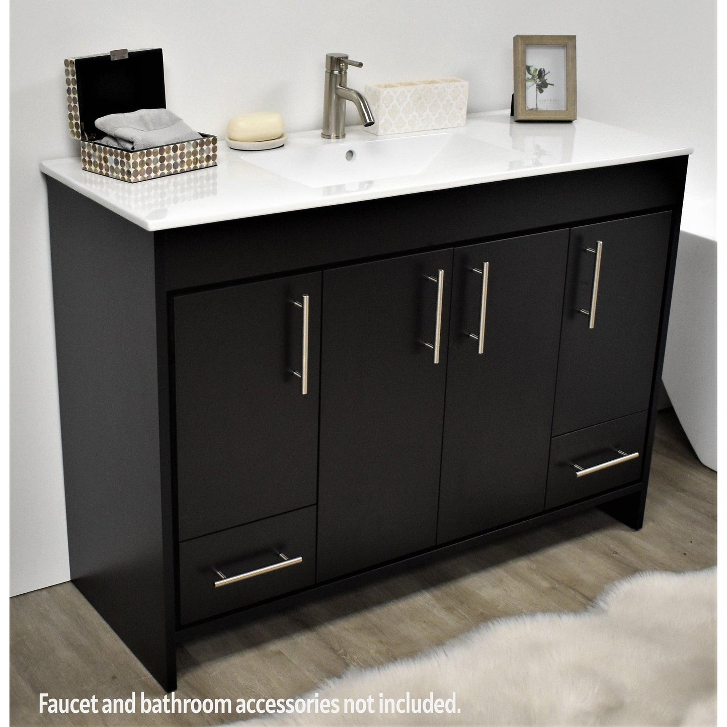 Volpa USA Pacific 48" Black Freestanding Modern Bathroom Vanity With Integrated Ceramic Top and Brushed Nickel Round Handles