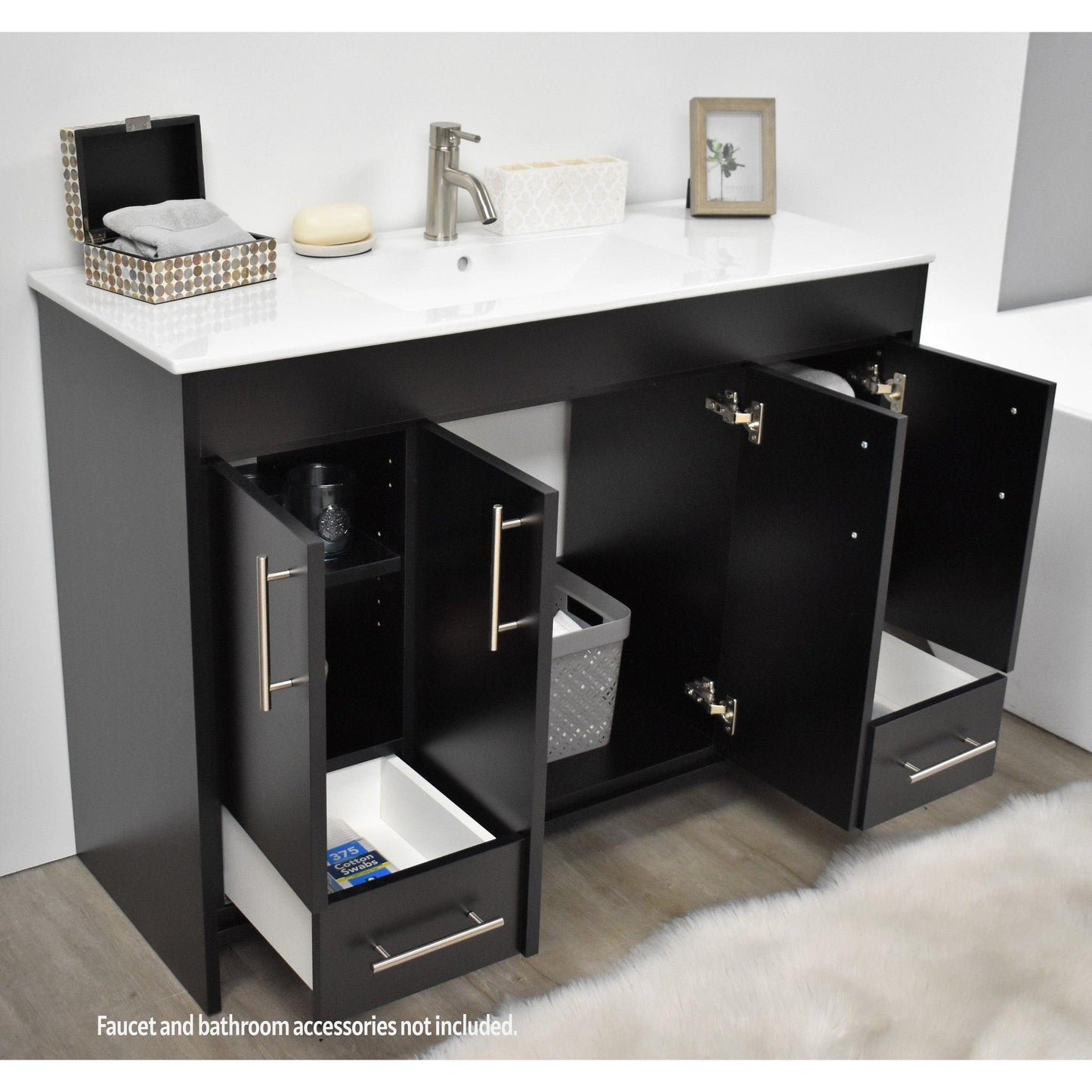 Volpa USA Pacific 48" Black Freestanding Modern Bathroom Vanity With Integrated Ceramic Top and Brushed Nickel Round Handles