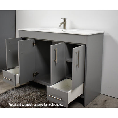 Volpa USA Pacific 48" Gray Freestanding Modern Bathroom Vanity With Integrated Ceramic Top and Brushed Nickel Round Handles