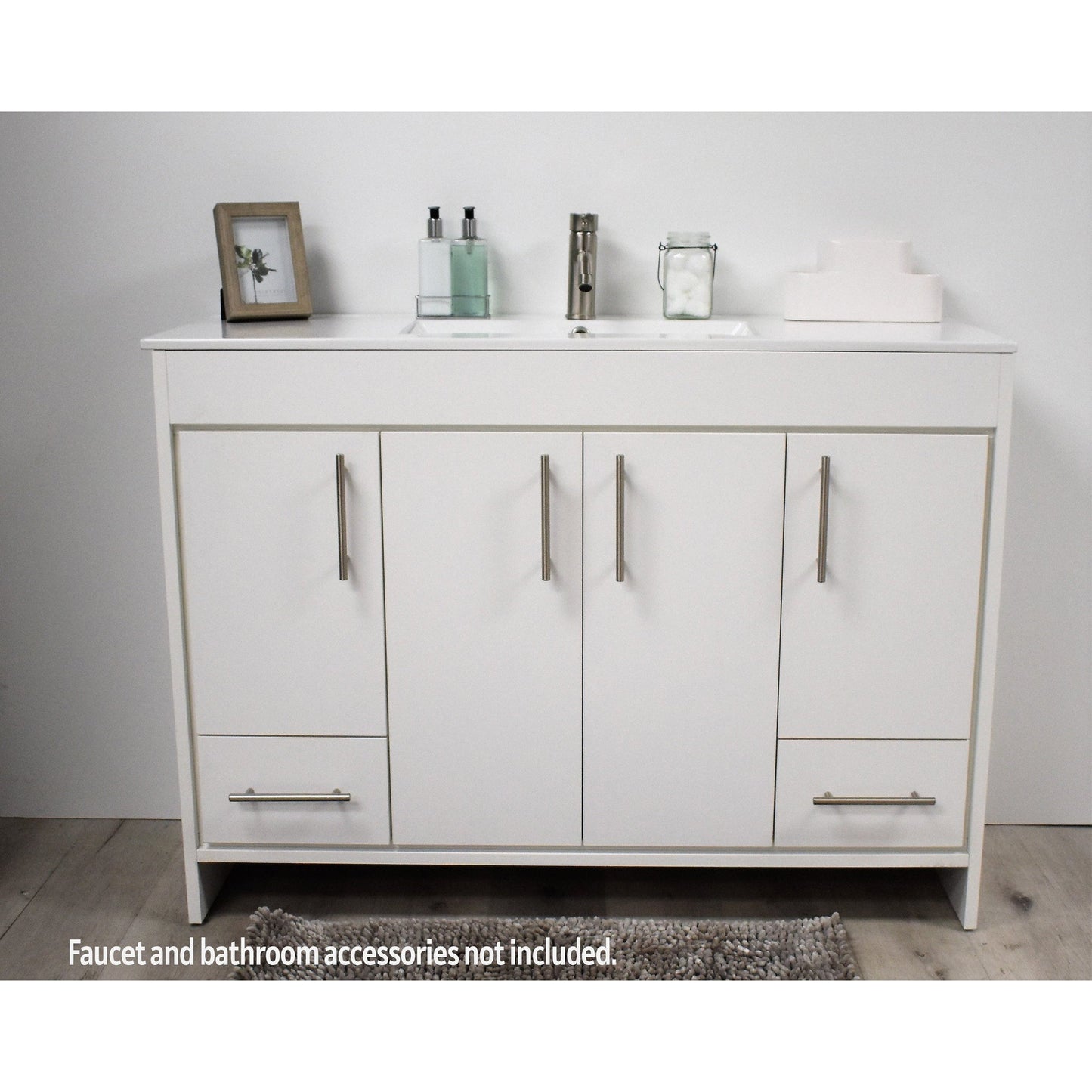 Volpa USA Pacific 48" White Freestanding Modern Bathroom Vanity With Integrated Ceramic Top and Brushed Nickel Round Handles