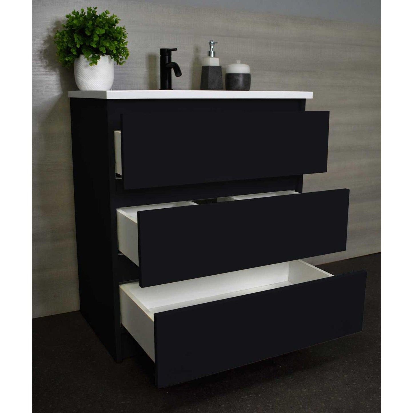 Volpa USA Pepper 24" x 20" Black Modern Freestanding Bathroom Vanity With Acrylic Top, Integrated Acrylic Sink and drawers