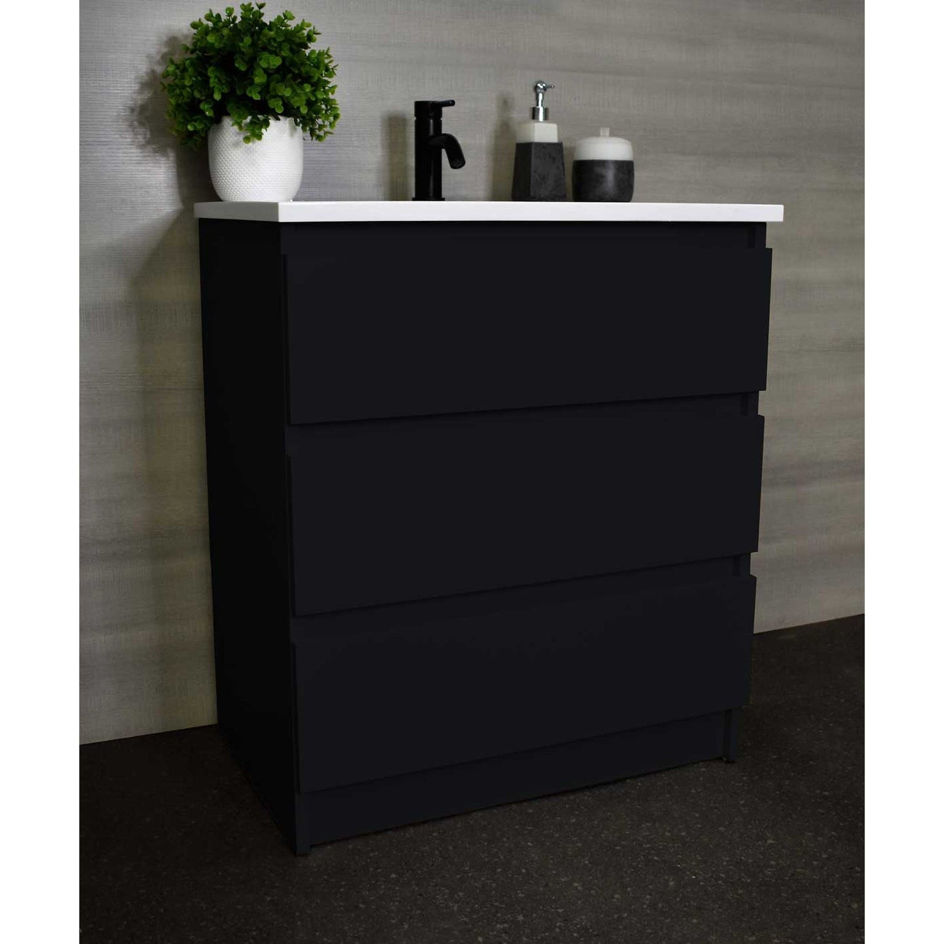 Volpa USA Pepper 30" x 20" Black Modern Freestanding Bathroom Vanity With Acrylic Top, Integrated Acrylic Sink and drawers