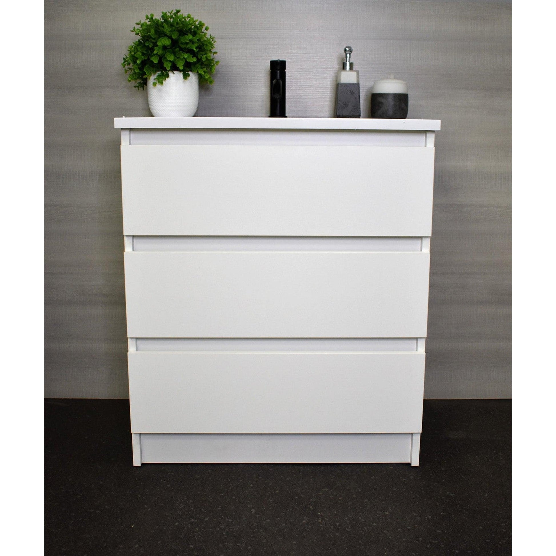 Volpa USA Pepper 30" x 20" Glossy White Modern Freestanding Bathroom Vanity With Acrylic Top, Integrated Acrylic Sink and drawers