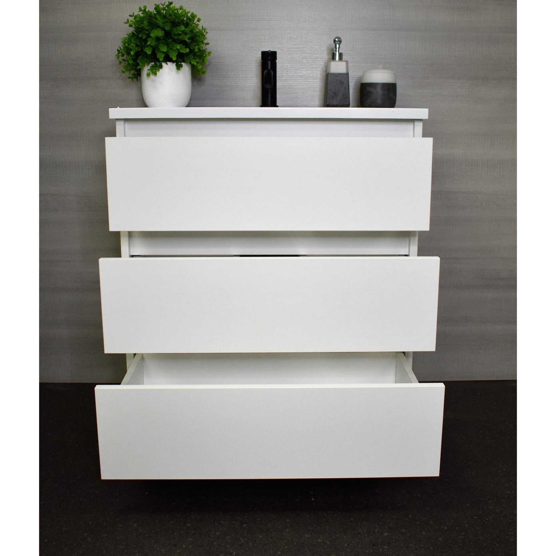 Volpa USA Pepper 30" x 20" White Modern Freestanding Bathroom Vanity With Acrylic Top, Integrated Acrylic Sink and drawers