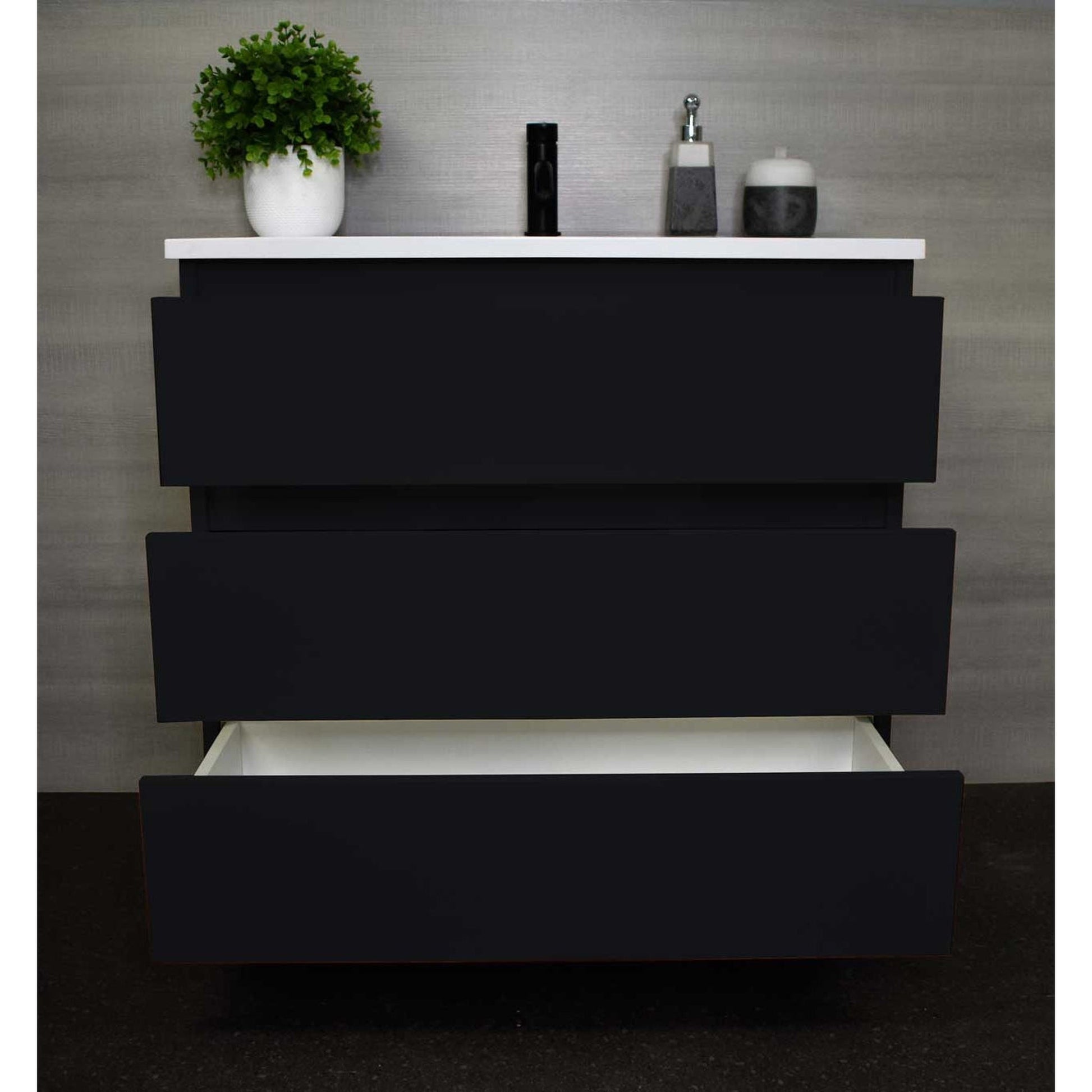 Volpa USA Pepper 36" x 20" Black Modern Freestanding Bathroom Vanity With Acrylic Top, Integrated Acrylic Sink and drawers