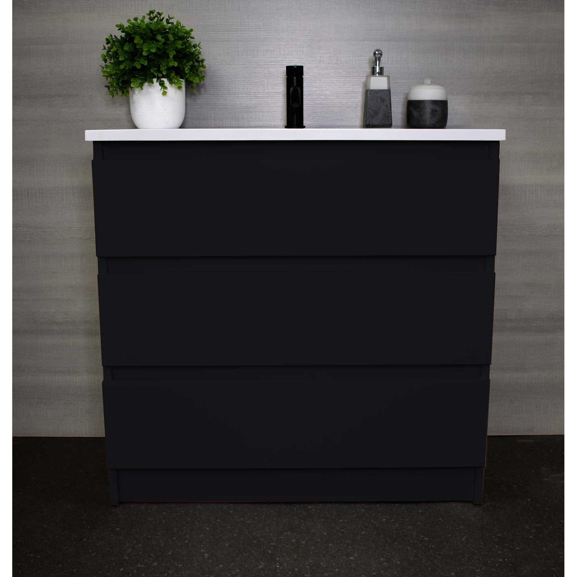 Volpa USA Pepper 36" x 20" Glossy Black Modern Freestanding Bathroom Vanity With Acrylic Top, Integrated Acrylic Sink and drawers