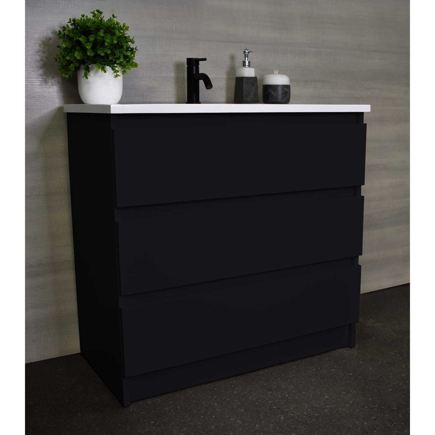 Volpa USA Pepper 36" x 20" Glossy Black Modern Freestanding Bathroom Vanity With Acrylic Top, Integrated Acrylic Sink and drawers