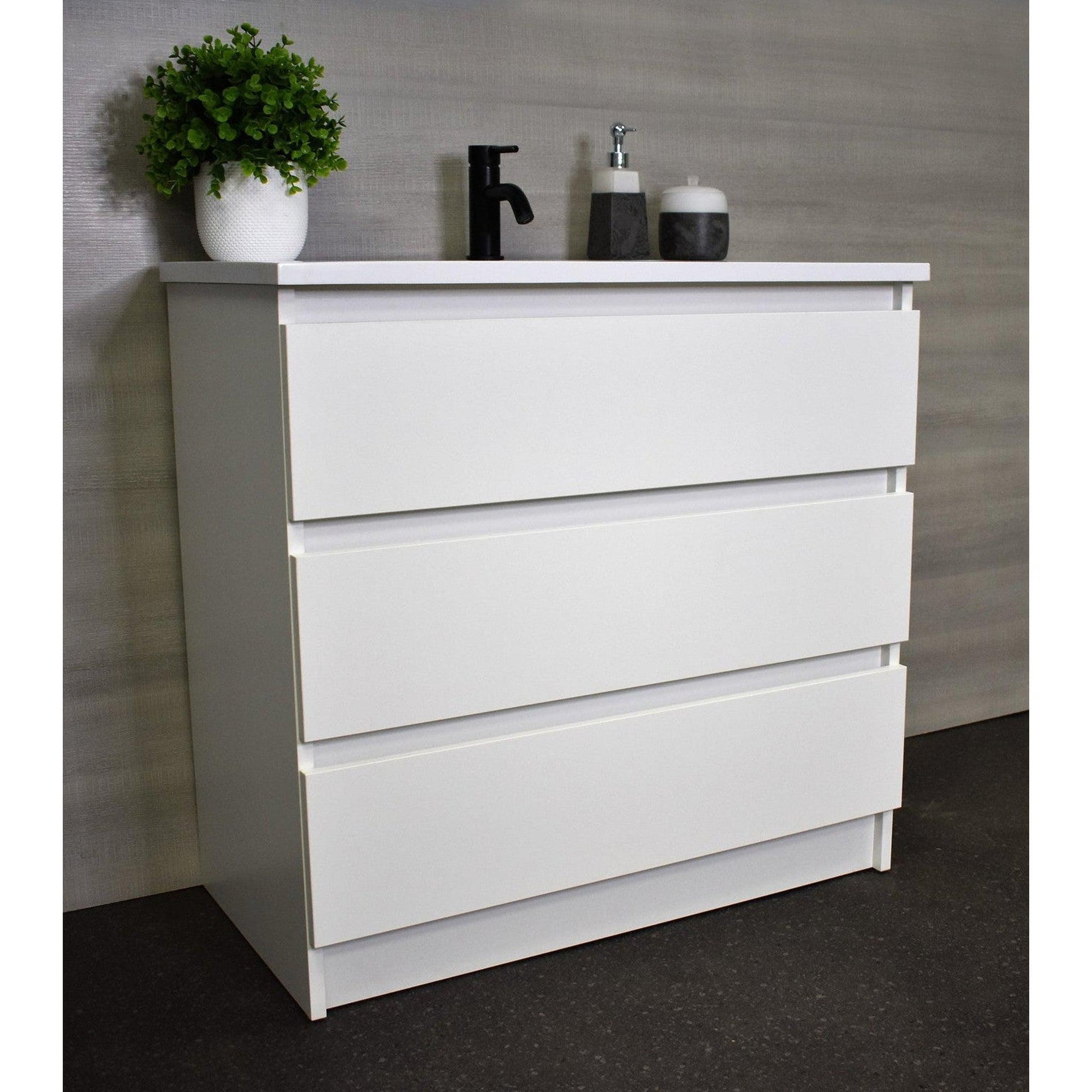 Volpa USA Pepper 36" x 20" White Modern Freestanding Bathroom Vanity With Acrylic Top, Integrated Acrylic Sink and drawers