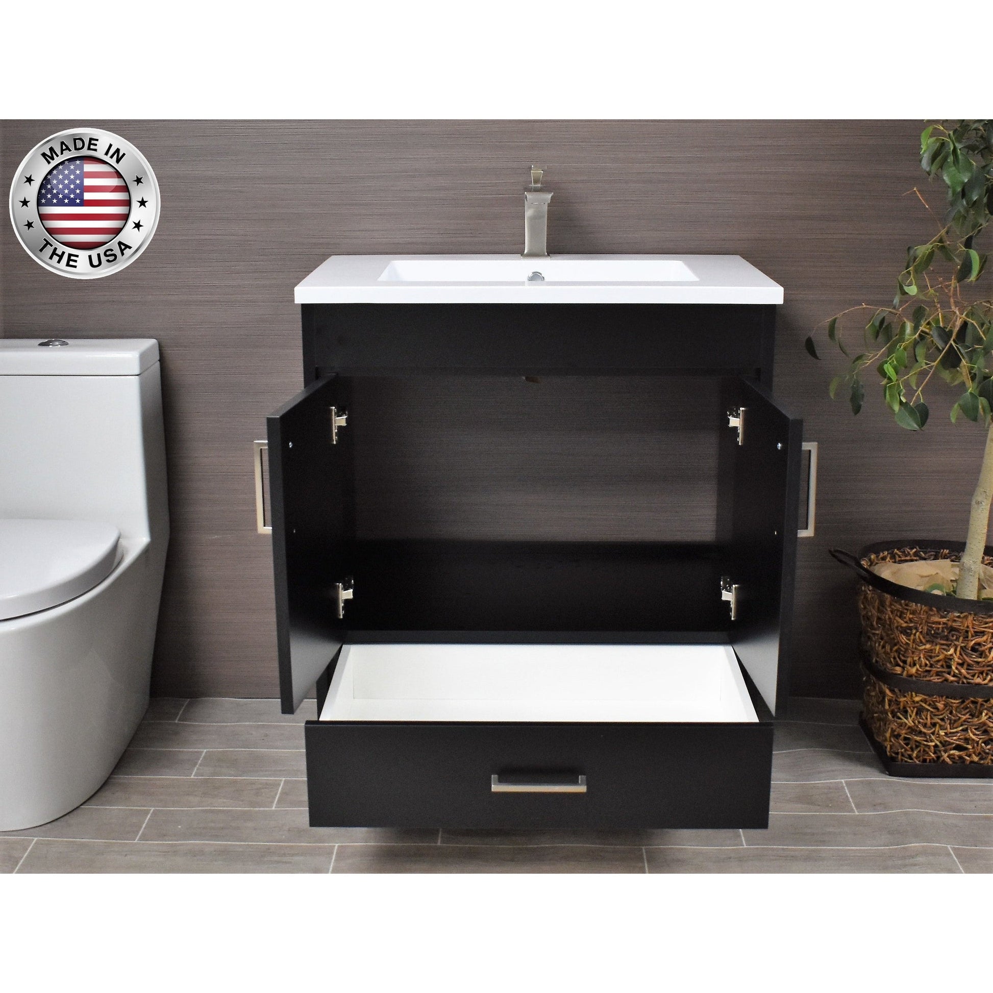 Volpa USA Rio 24" Black Freestanding Modern Bathroom Vanity With Integrated Acrylic Top and Brushed Nickel Handles