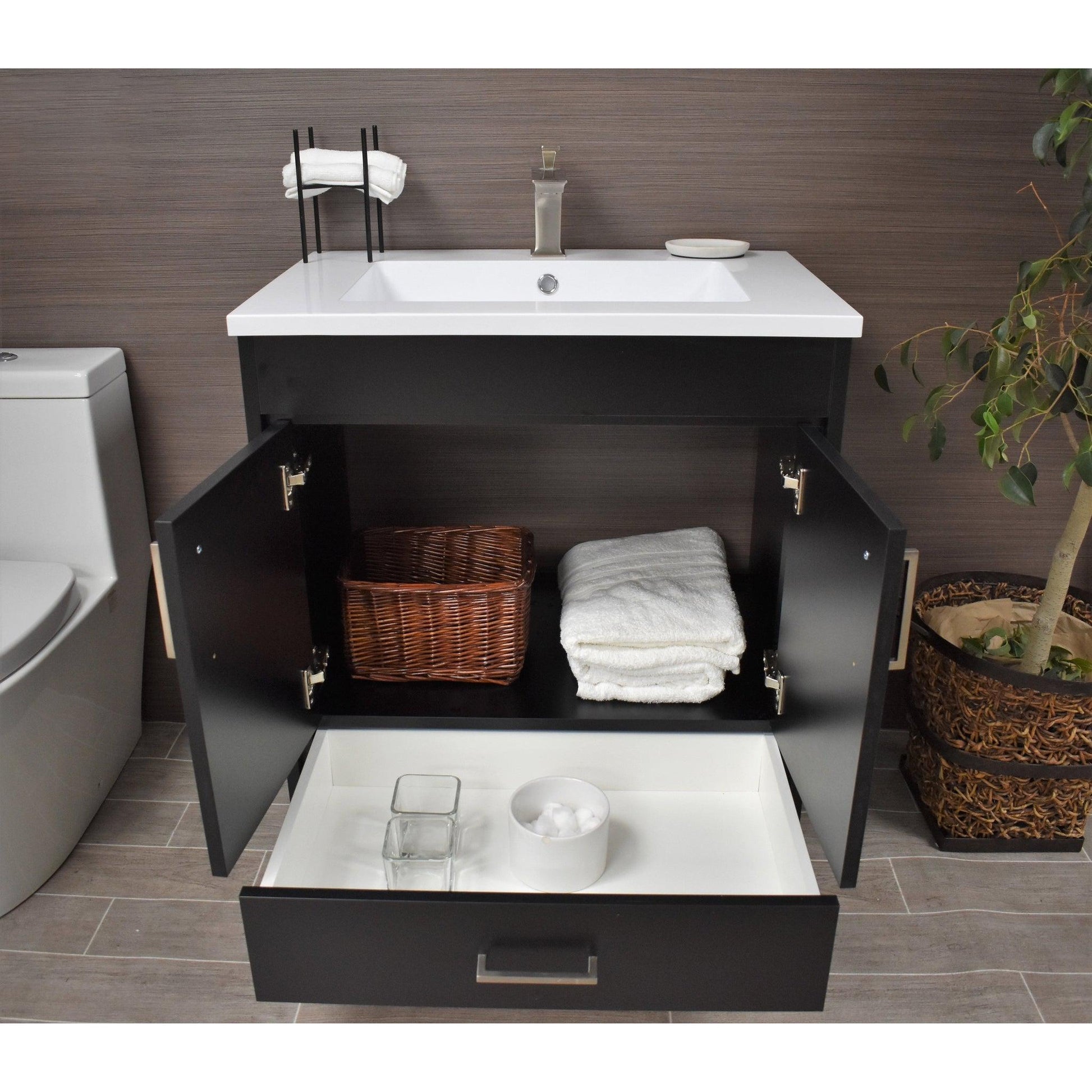 Volpa USA Rio 24" Black Freestanding Modern Bathroom Vanity With Integrated Acrylic Top and Brushed Nickel Handles