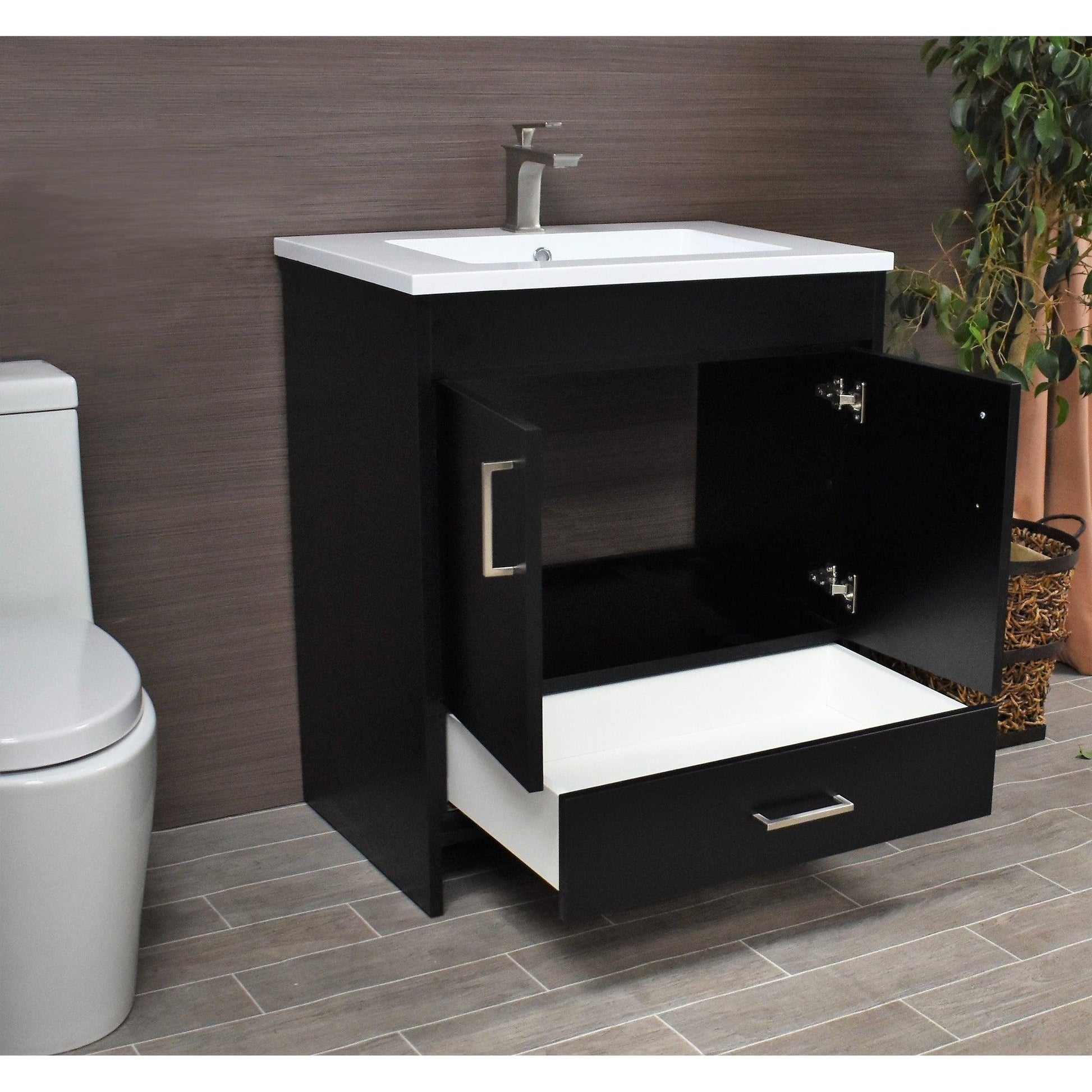 Volpa USA Rio 24" Black Freestanding Modern Bathroom Vanity With Integrated Acrylic Top and Brushed Nickel Handles