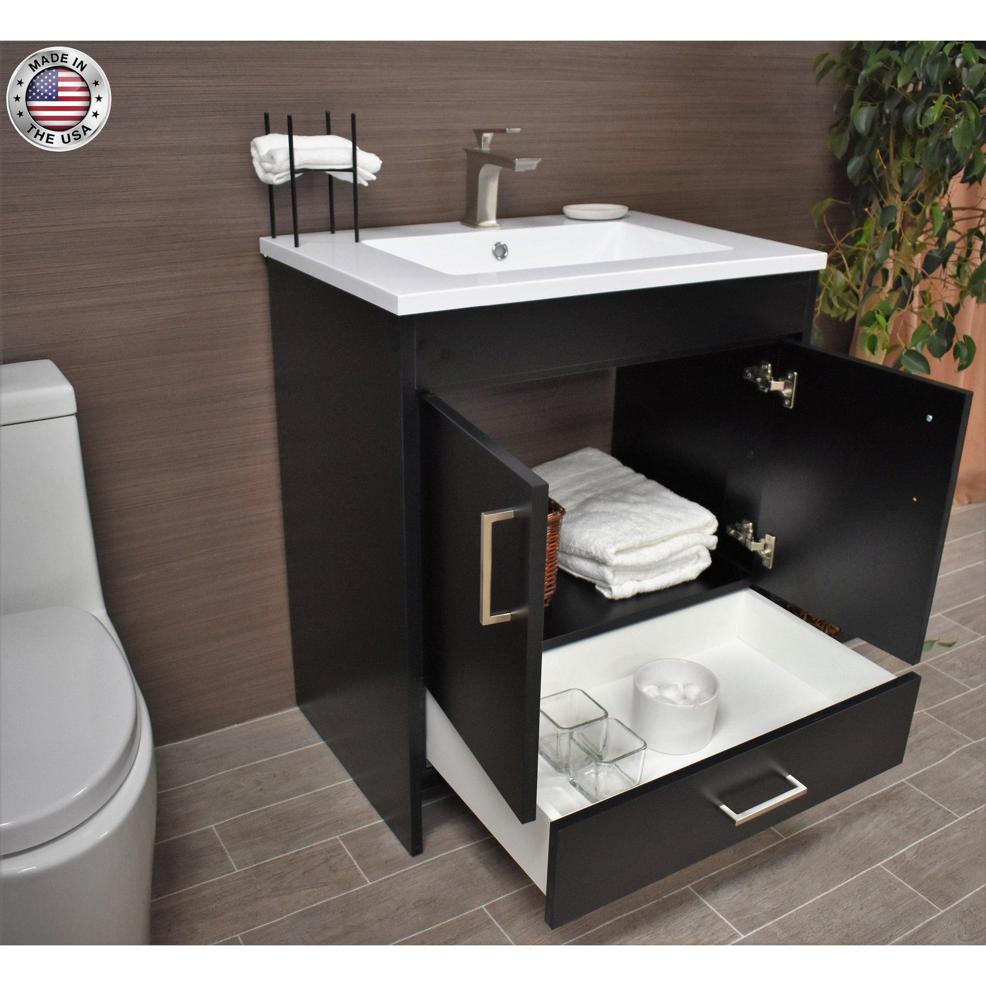 Volpa USA Rio 24" Black Freestanding Modern Bathroom Vanity With Integrated Acrylic Top and Brushed Nickel Handles