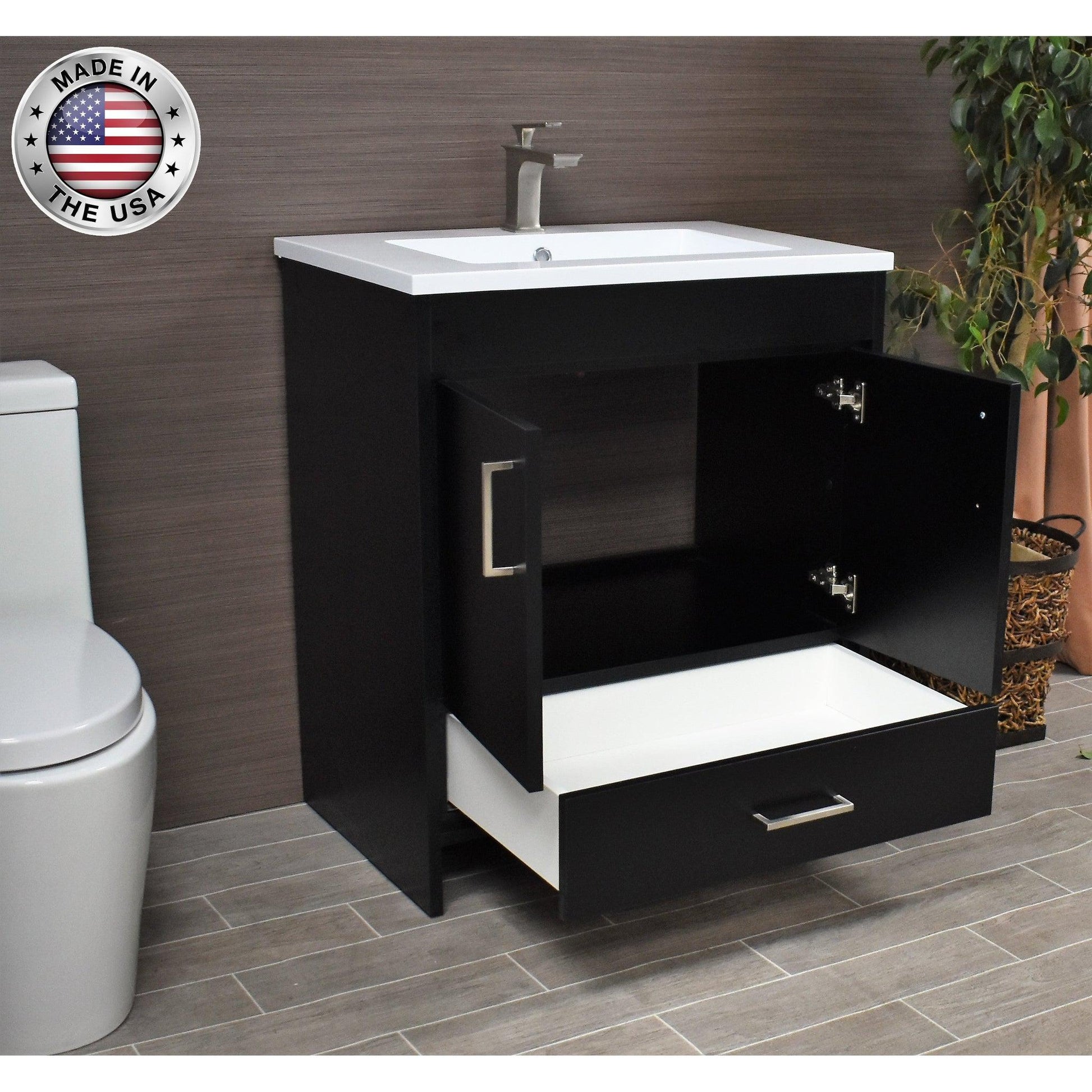 Volpa USA Rio 24" Black Freestanding Modern Bathroom Vanity With Integrated Acrylic Top and Brushed Nickel Handles