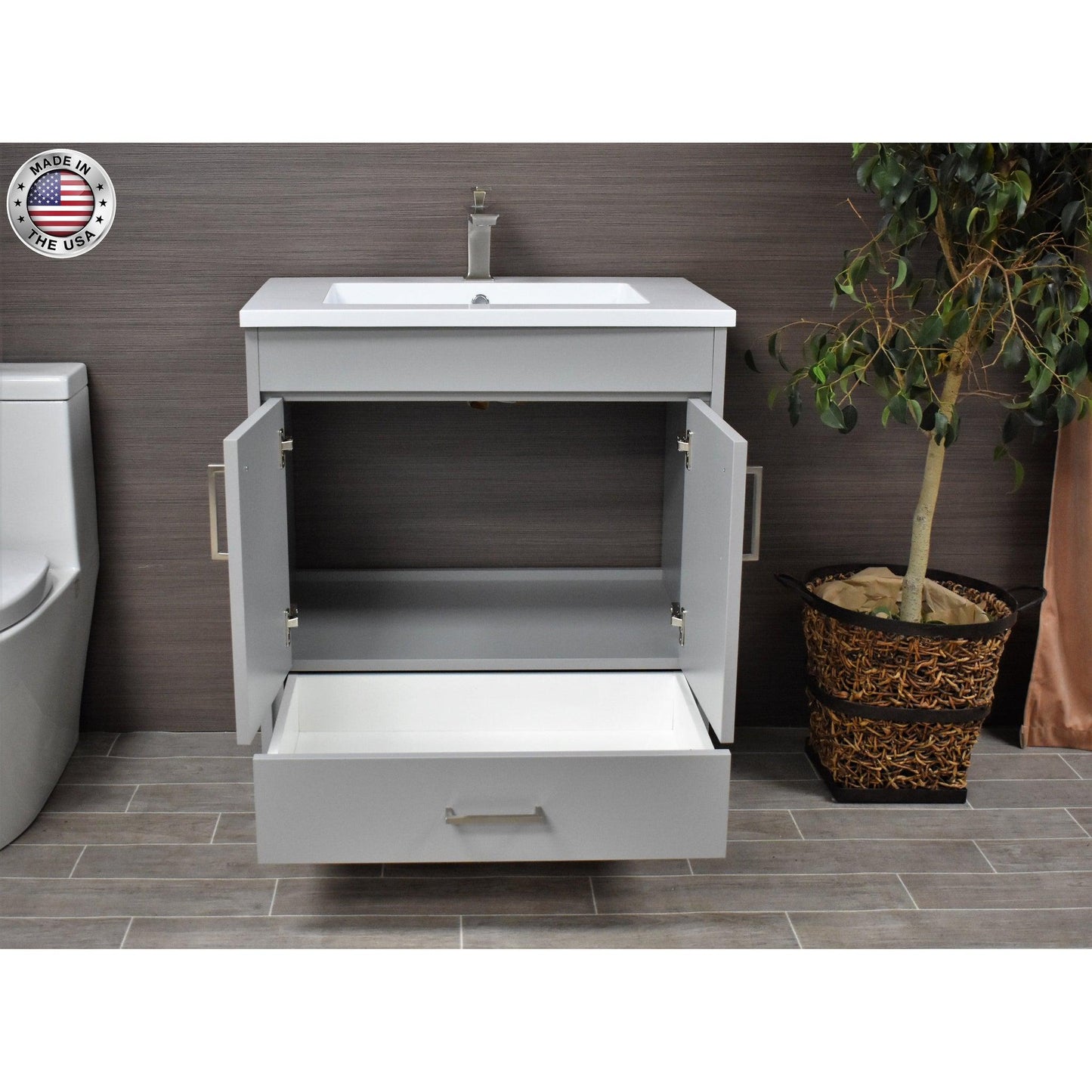 Volpa USA Rio 24" Gray Freestanding Modern Bathroom Vanity With Integrated Acrylic Top and Brushed Nickel Handles