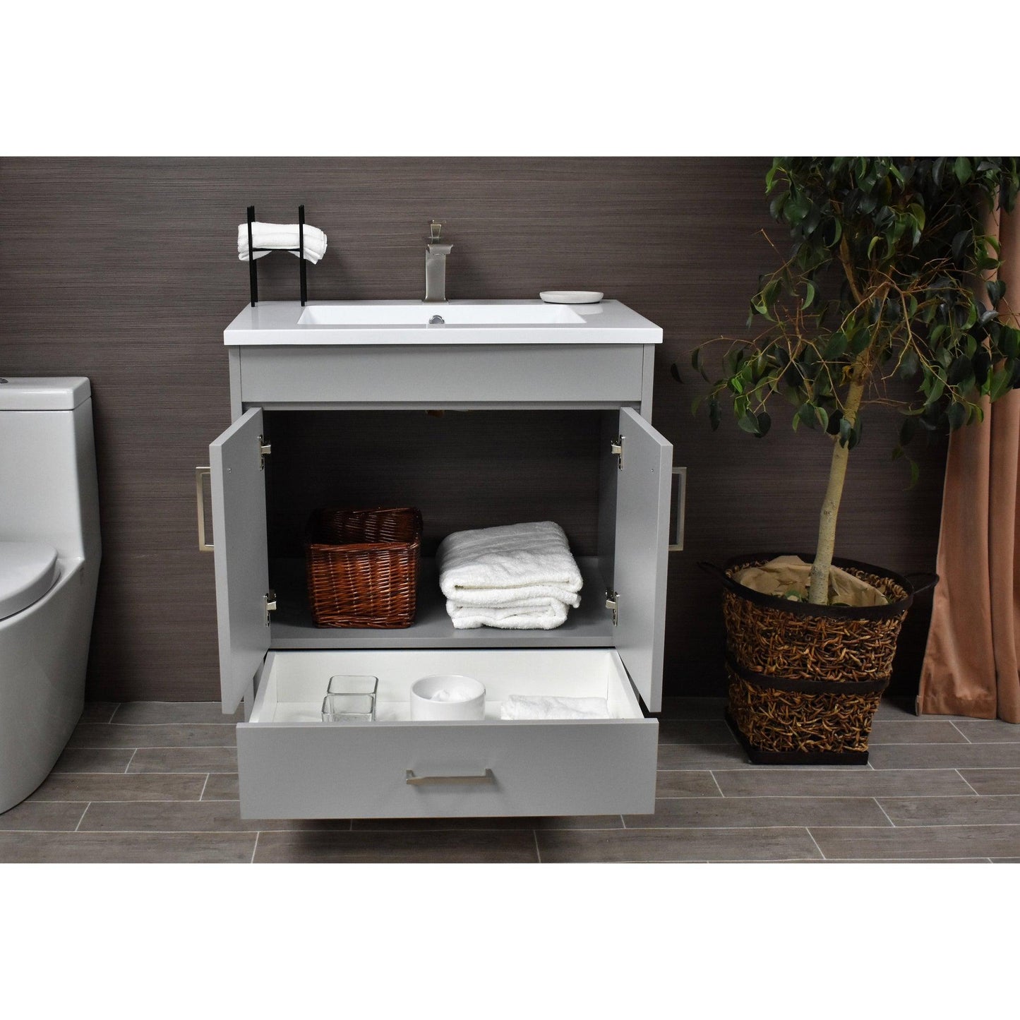 Volpa USA Rio 24" Gray Freestanding Modern Bathroom Vanity With Integrated Acrylic Top and Brushed Nickel Handles