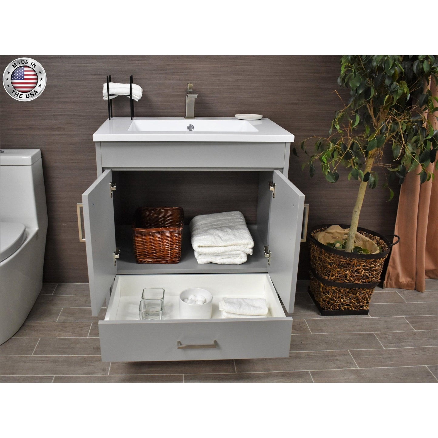 Volpa USA Rio 24" Gray Freestanding Modern Bathroom Vanity With Integrated Acrylic Top and Brushed Nickel Handles