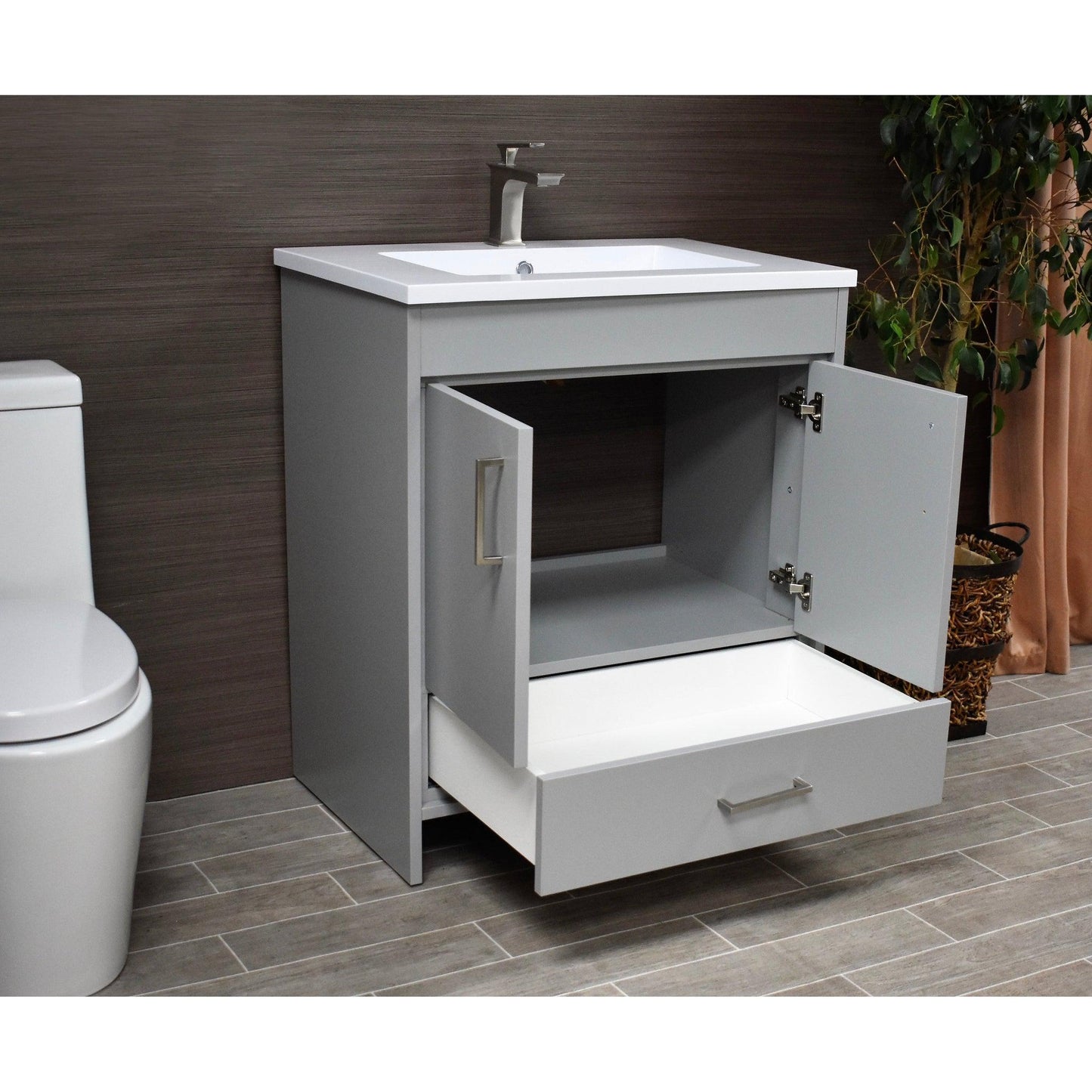 Volpa USA Rio 24" Gray Freestanding Modern Bathroom Vanity With Integrated Acrylic Top and Brushed Nickel Handles