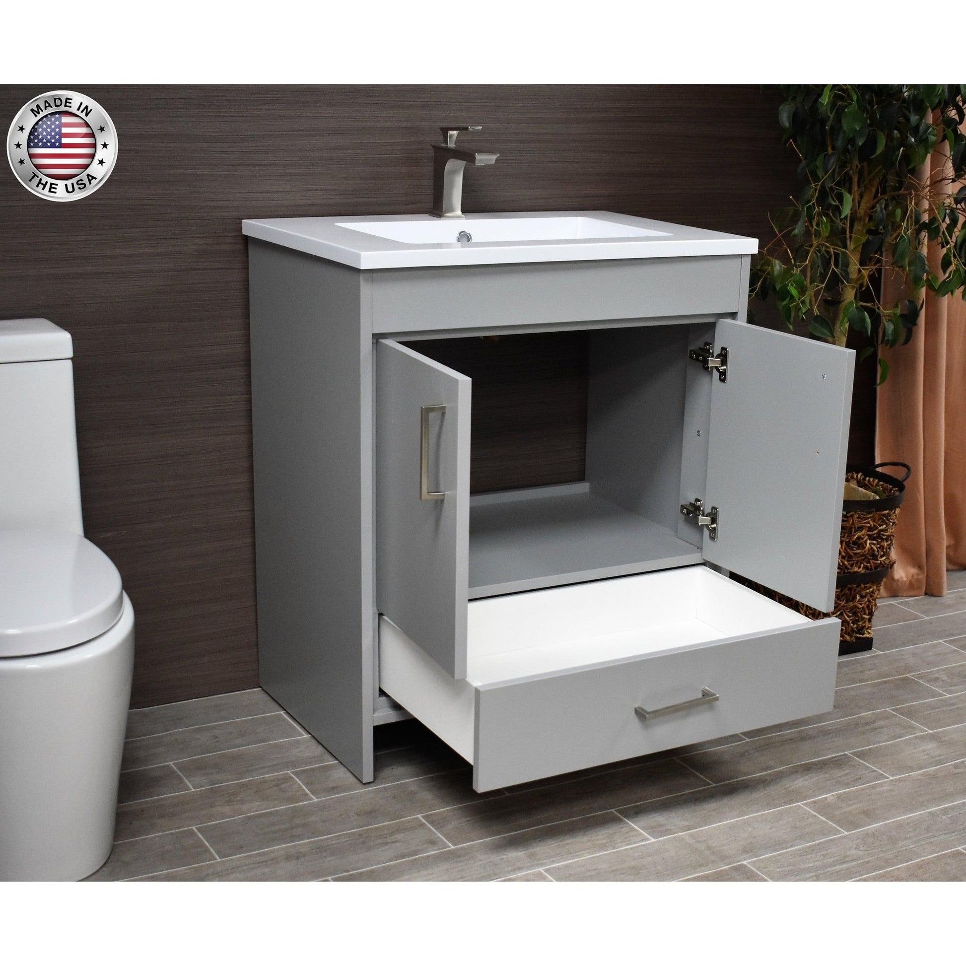 Volpa USA Rio 24" Gray Freestanding Modern Bathroom Vanity With Integrated Acrylic Top and Brushed Nickel Handles