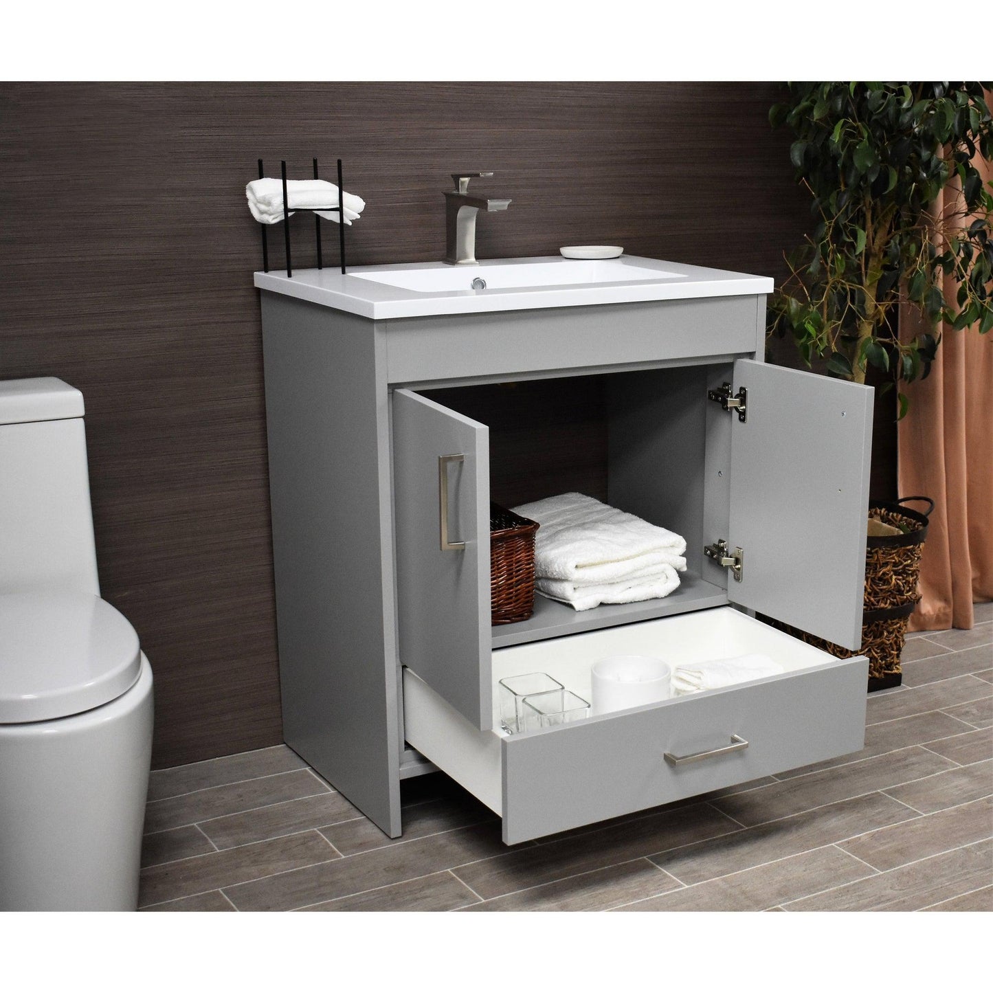 Volpa USA Rio 24" Gray Freestanding Modern Bathroom Vanity With Integrated Acrylic Top and Brushed Nickel Handles