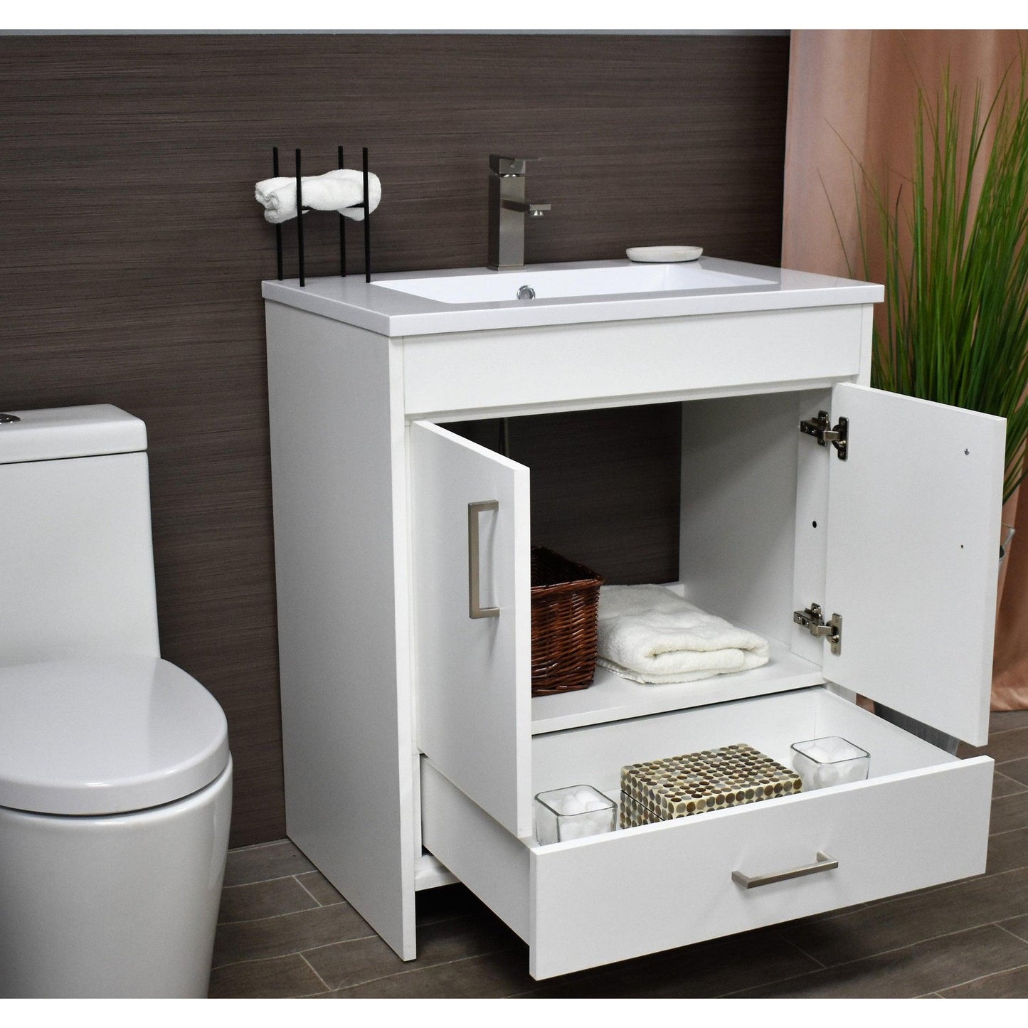 Volpa USA Rio 24" White Freestanding Modern Bathroom Vanity With Integrated Acrylic Top and Brushed Nickel Handles