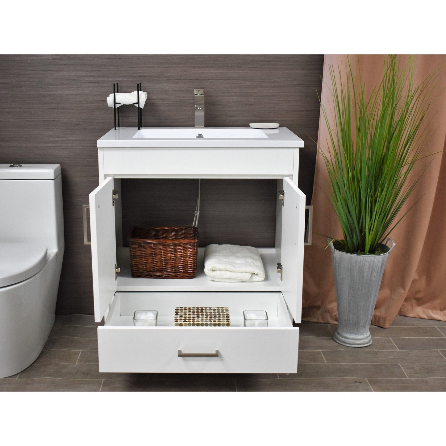 Volpa USA Rio 24" White Freestanding Modern Bathroom Vanity With Integrated Acrylic Top and Brushed Nickel Handles