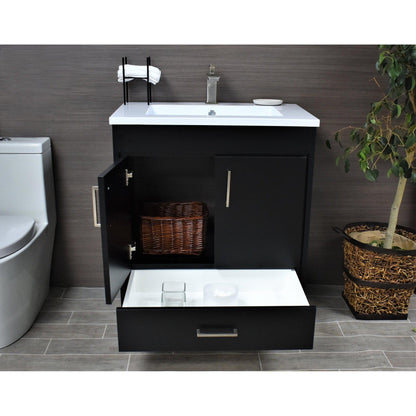 Volpa USA Rio 30" Black Freestanding Modern Bathroom Vanity With Integrated Acrylic Top and Brushed Nickel Handles