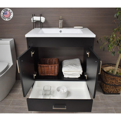 Volpa USA Rio 30" Black Freestanding Modern Bathroom Vanity With Integrated Acrylic Top and Brushed Nickel Handles