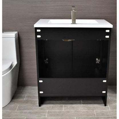 Volpa USA Rio 30" Black Freestanding Modern Bathroom Vanity With Integrated Acrylic Top and Brushed Nickel Handles