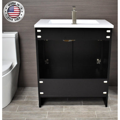 Volpa USA Rio 30" Black Freestanding Modern Bathroom Vanity With Integrated Acrylic Top and Brushed Nickel Handles