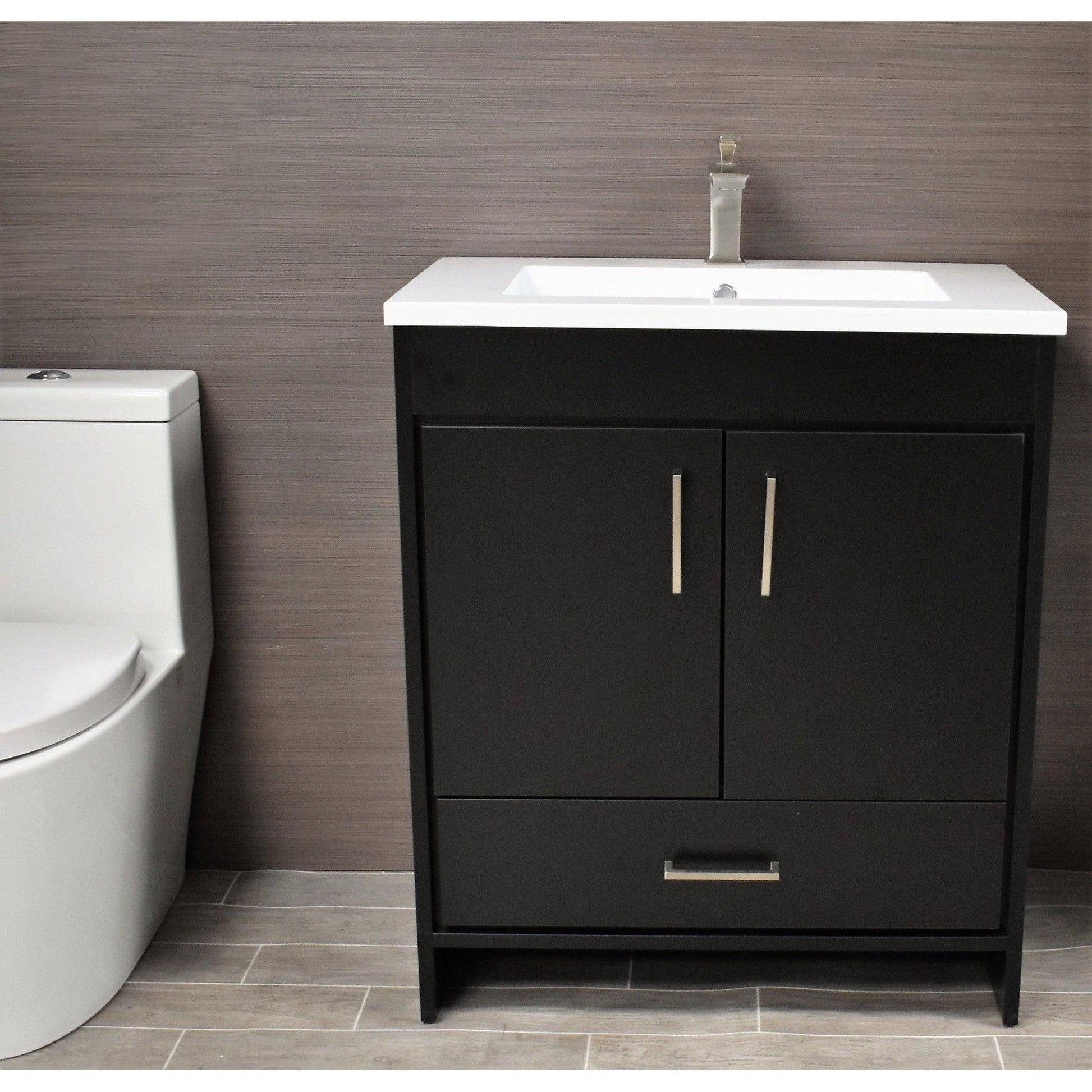 Volpa USA Rio 30" Black Freestanding Modern Bathroom Vanity With Integrated Acrylic Top and Brushed Nickel Handles