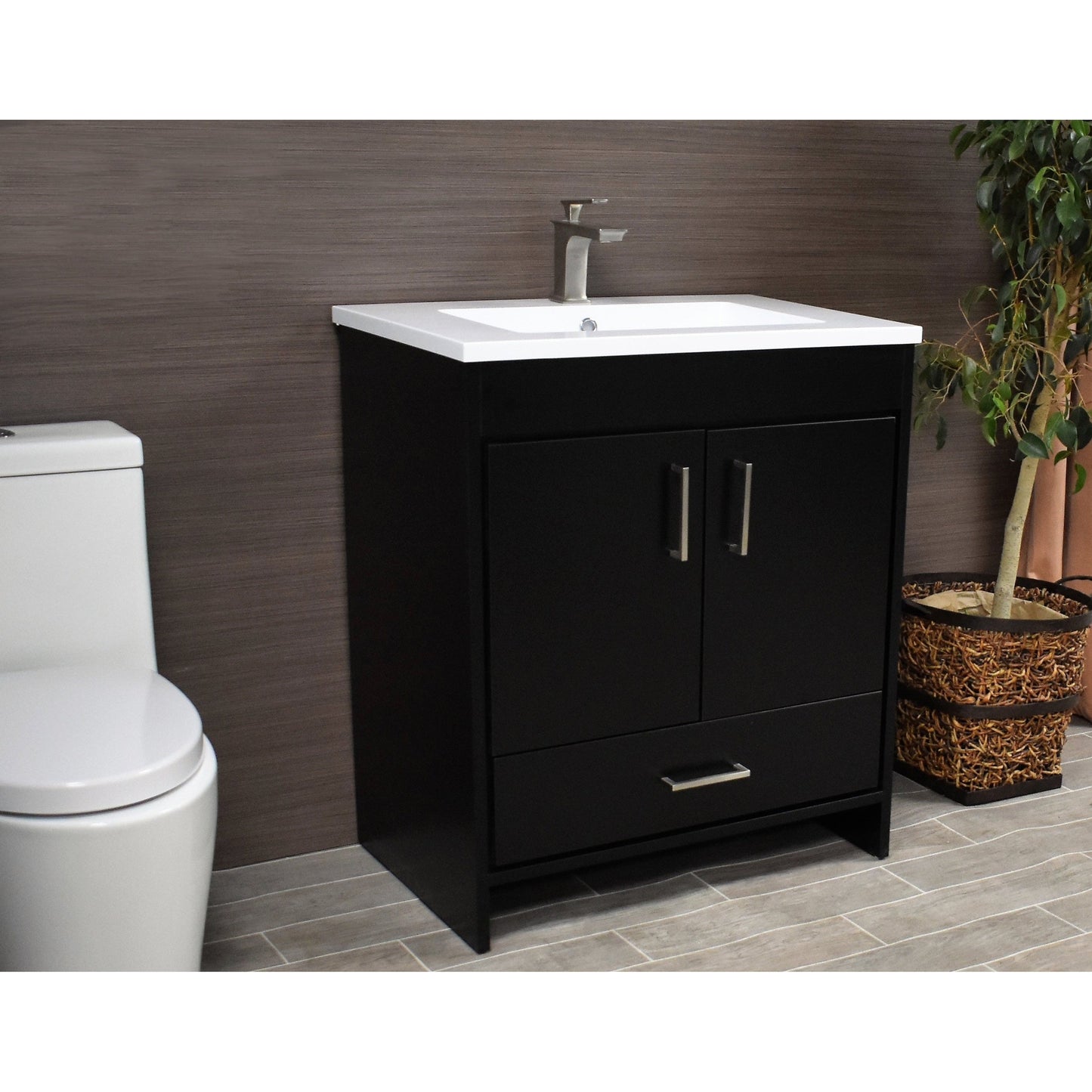 Volpa USA Rio 30" Black Freestanding Modern Bathroom Vanity With Integrated Acrylic Top and Brushed Nickel Handles