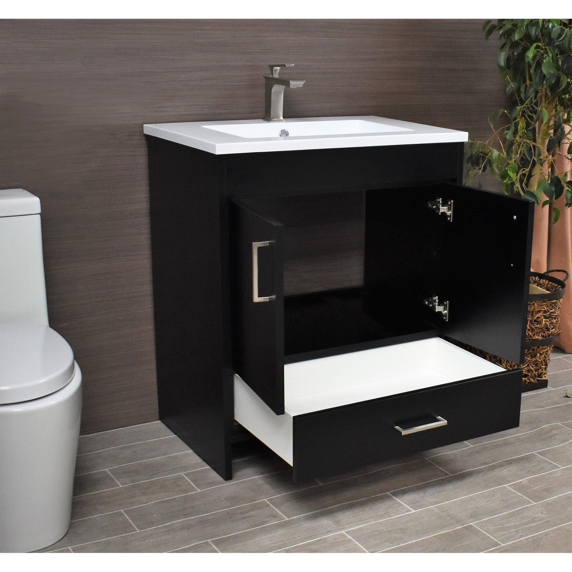 Volpa USA Rio 30" Black Freestanding Modern Bathroom Vanity With Integrated Acrylic Top and Brushed Nickel Handles