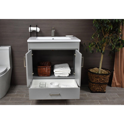 Volpa USA Rio 30" Grey Freestanding Modern Bathroom Vanity With Integrated Acrylic Top and Brushed Nickel Handles