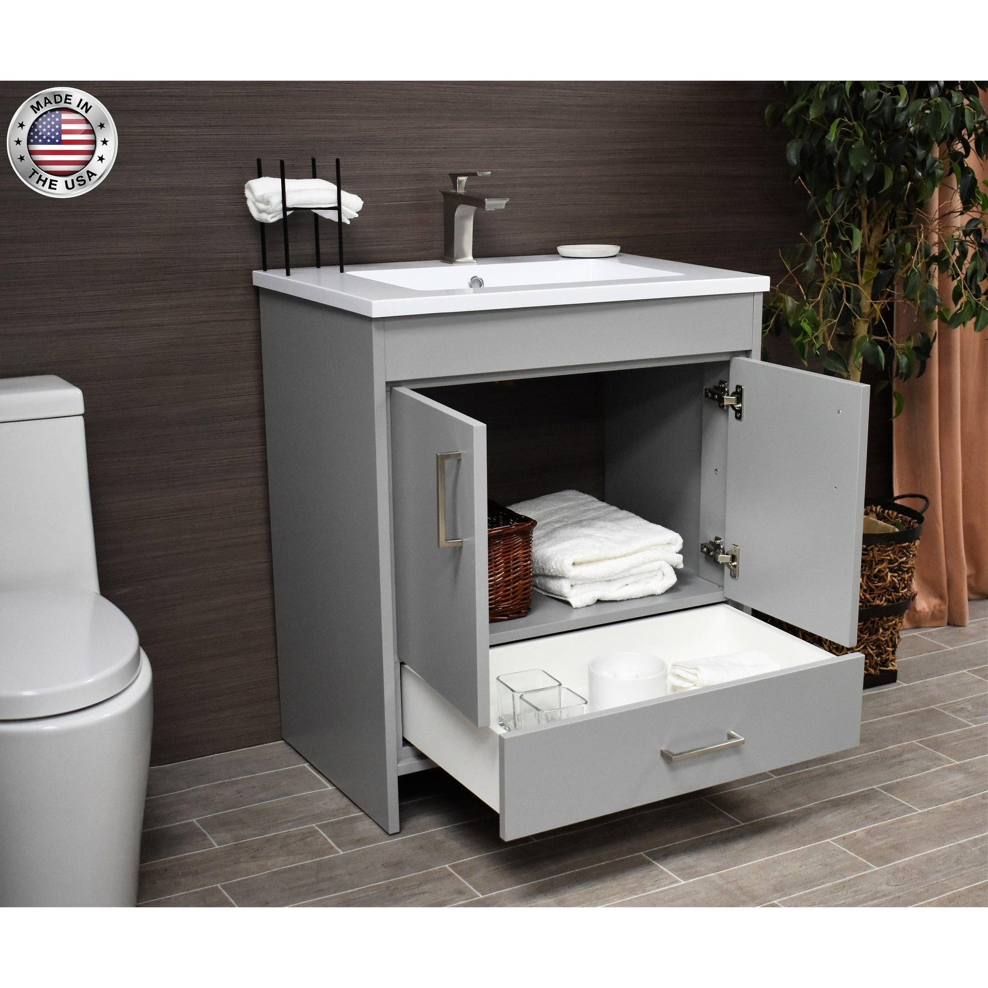 Volpa USA Rio 30" Grey Freestanding Modern Bathroom Vanity With Integrated Acrylic Top and Brushed Nickel Handles