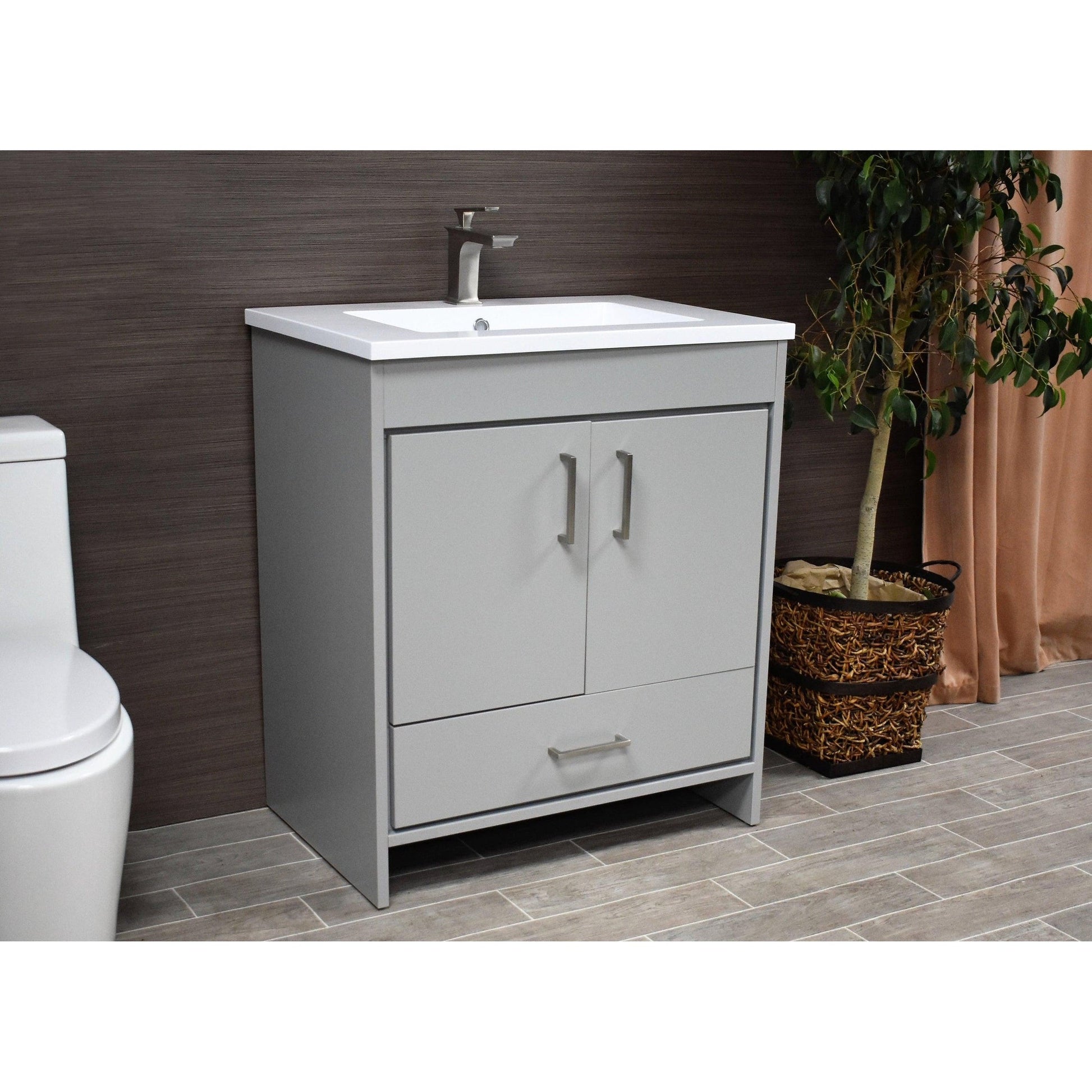 Volpa USA Rio 30" Grey Freestanding Modern Bathroom Vanity With Integrated Acrylic Top and Brushed Nickel Handles