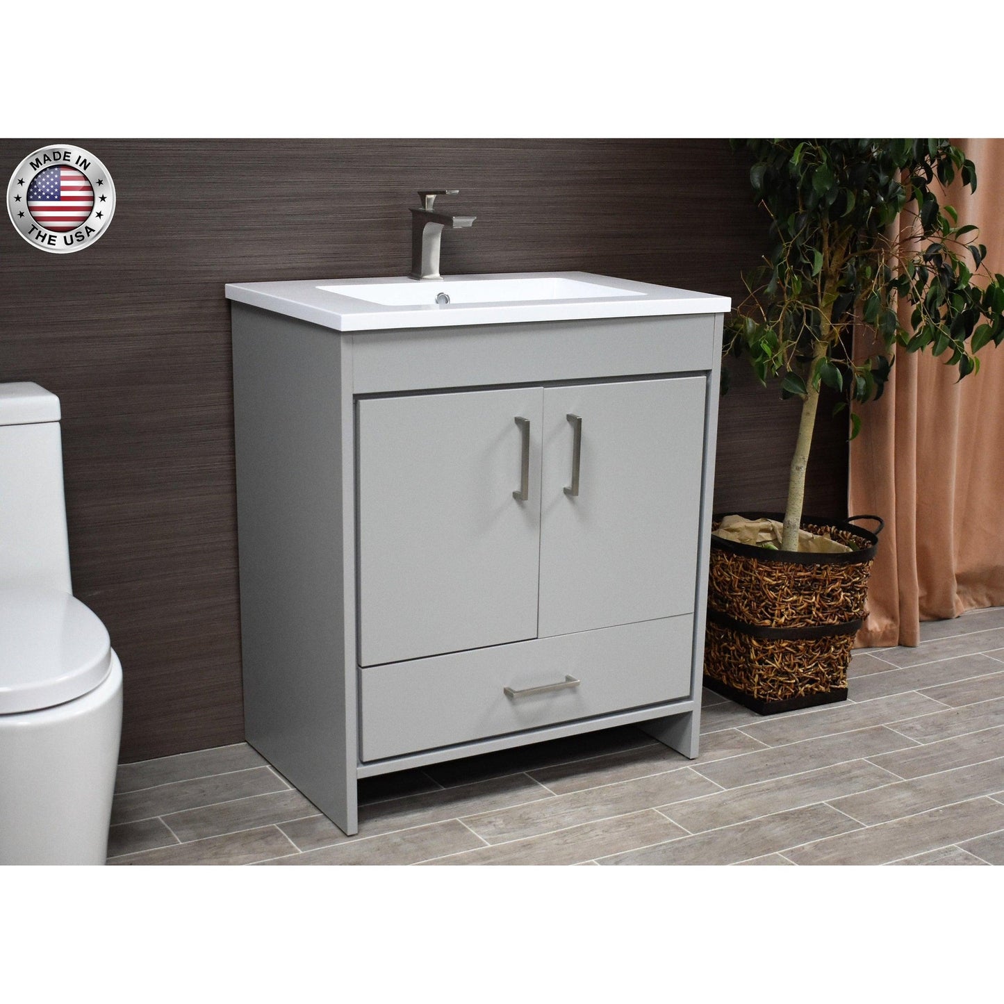 Volpa USA Rio 30" Grey Freestanding Modern Bathroom Vanity With Integrated Acrylic Top and Brushed Nickel Handles