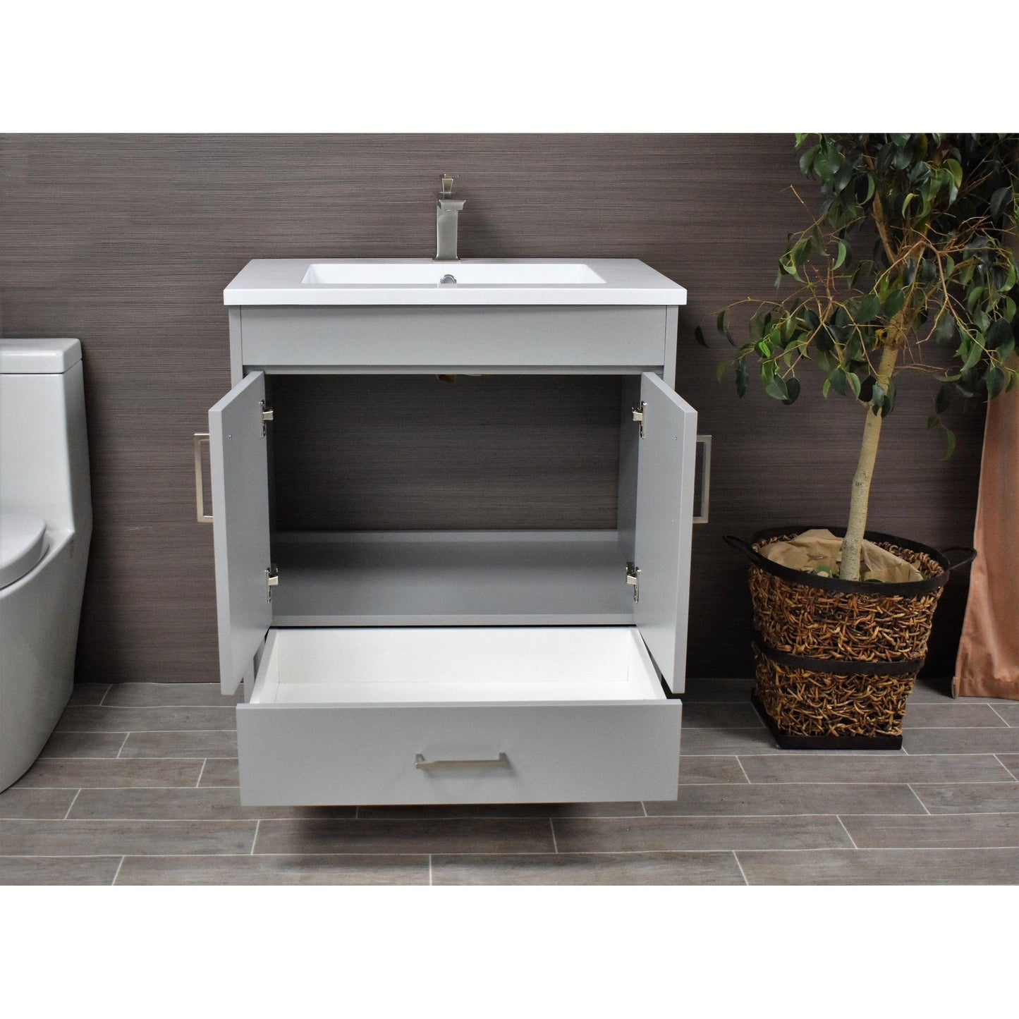 Volpa USA Rio 30" Grey Freestanding Modern Bathroom Vanity With Integrated Acrylic Top and Brushed Nickel Handles