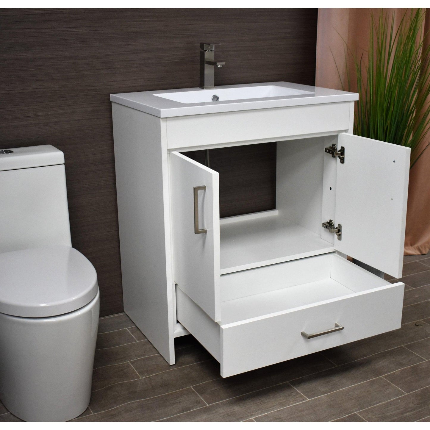 Volpa USA Rio 30" White Freestanding Modern Bathroom Vanity With Integrated Acrylic Top and Brushed Nickel Handles