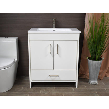 Volpa USA Rio 30" White Freestanding Modern Bathroom Vanity With Integrated Acrylic Top and Brushed Nickel Handles