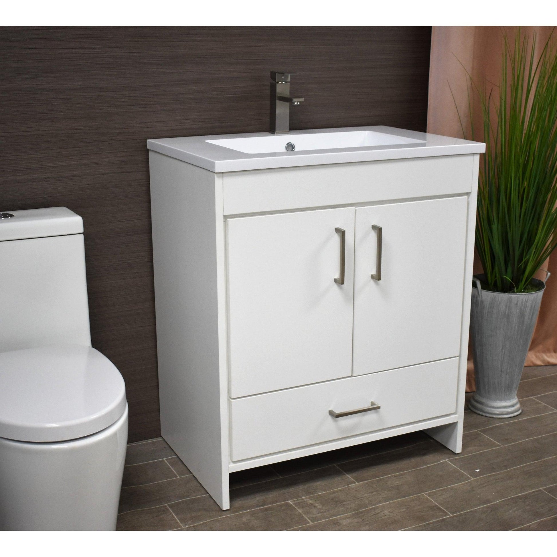 Volpa USA Rio 30" White Freestanding Modern Bathroom Vanity With Integrated Acrylic Top and Brushed Nickel Handles