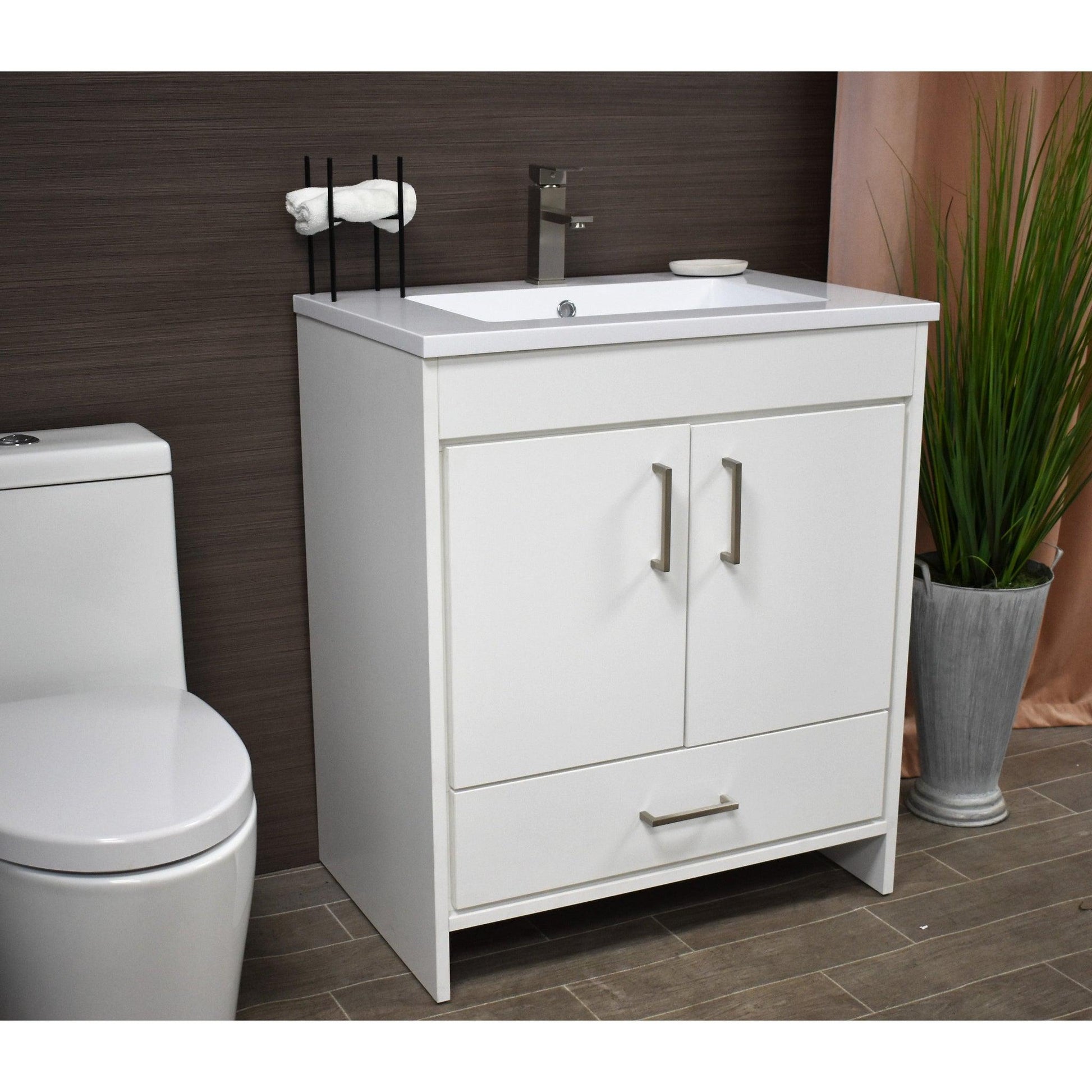 Volpa USA Rio 30" White Freestanding Modern Bathroom Vanity With Integrated Acrylic Top and Brushed Nickel Handles