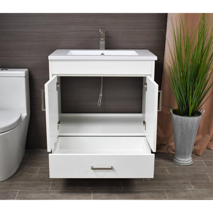 Volpa USA Rio 30" White Freestanding Modern Bathroom Vanity With Integrated Acrylic Top and Brushed Nickel Handles