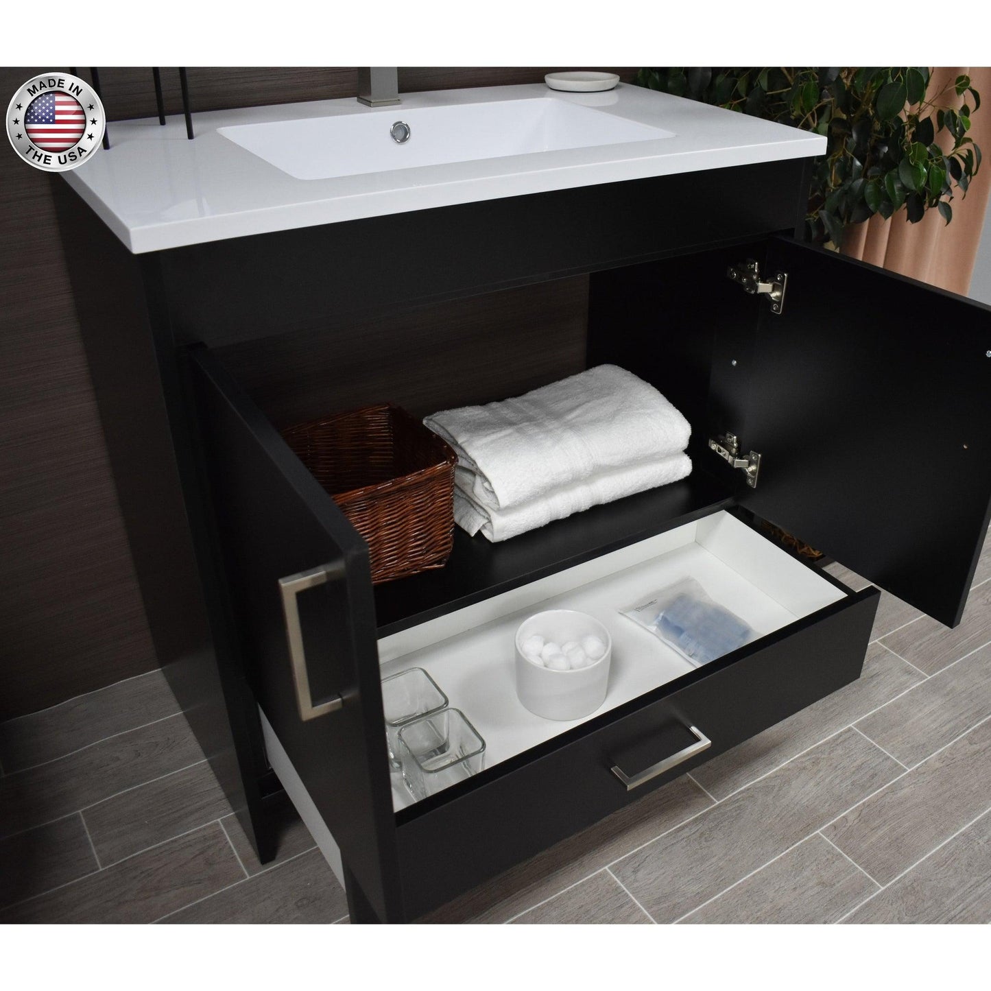 Volpa USA Rio 36" Black Freestanding Modern Bathroom Vanity With Integrated Acrylic Top and Brushed Nickel Handles