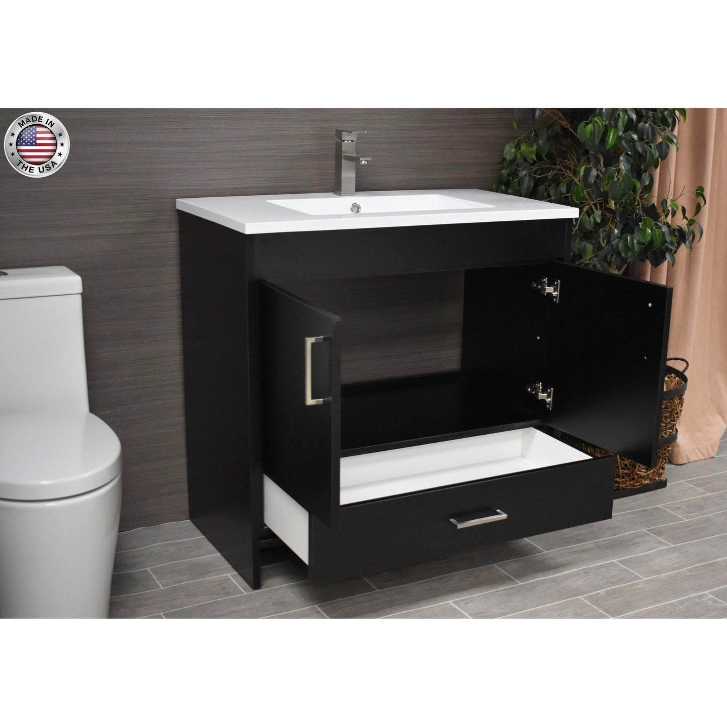 Volpa USA Rio 36" Black Freestanding Modern Bathroom Vanity With Integrated Acrylic Top and Brushed Nickel Handles